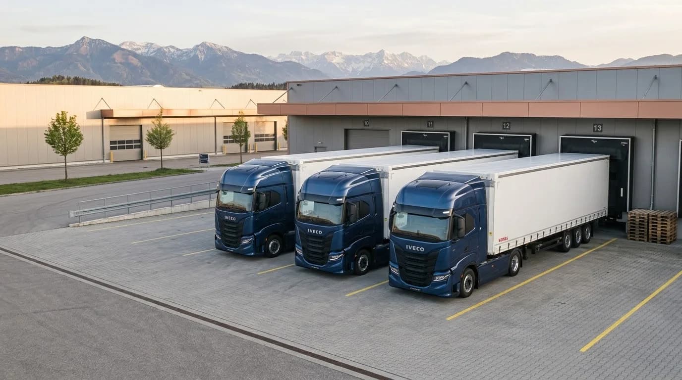 Trzy ciągniki IVECO S-Way z naczepami na placu logistycznym Semi Truck