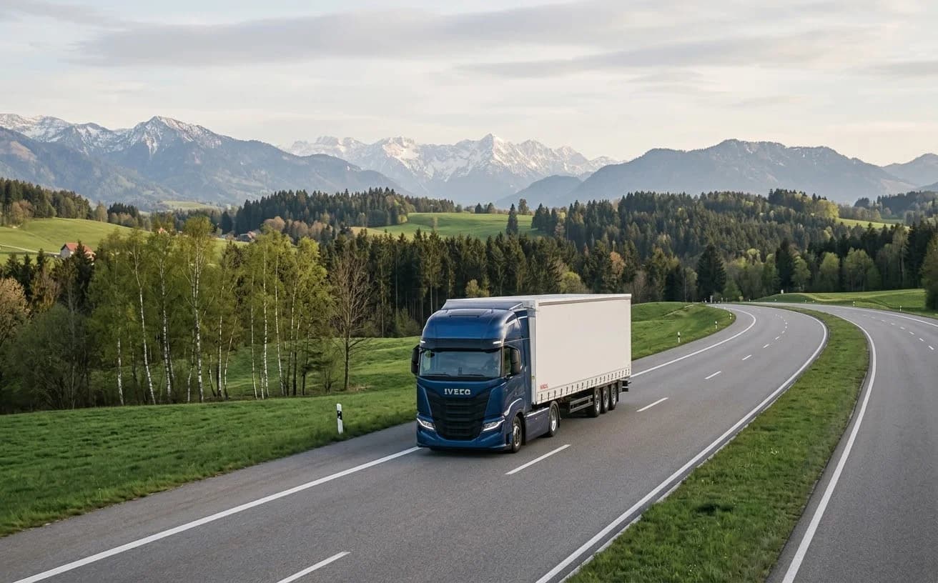 Ciągnik siodłowy Semi Truck z naczepą Kögel na europejskiej trasie